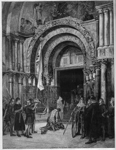 Friedrich Barbarossa zu Füßen des Papstes. Kaiser Friedrich I. von Hohenstaufen (1122-1190) verneigt sich vor Papst Alexander III. (1105-1181), der ihn unter dem Tor von St. Markus (San Marco) in Venedig im Jahr 1177 erwartet. Gravur nach einem Gemälde von von Albert Pierre René (after) Maignan
