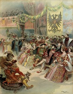 Ball am Hof des Königs von Frankreich, Franz I. (1494-1547), in Anwesenheit von Karl V. (1500-1558), König von Spanien und Kaiser des Heiligen Römischen Reiches Deutscher Nation, im Schloss von Fontainebleau, im Jahr 1539. Illustration