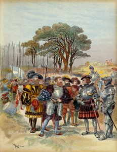 Fünfter Italienischer Krieg (1515-1516): Im Lager vor der Bicocca (Bicoque) vor Mailand (Italien) im Jahr 1516 forderten die Schweizer Soldaten Bezahlung, Urlaub oder Kampf. Odet de Foix, Vicomte de Lautrec, Marschall von Frankreich (1485-1528) konnte sie  von Albert Robida