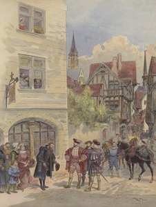 Franz I. wird von Estienne an der Tür seiner Druckerei, zum Zeichen des Olivenbaums, in der Rue Saint-Jean-de-Beauvais in Paris empfangen