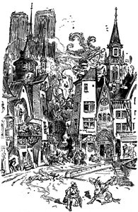 Riese Gargantua geht durch Paris und sät Panik und Zerstörung auf seinem Weg. Er lernt, auf die Kathedrale Notre Dame de Paris zu spucken, deren Türme im Hintergrund zu sehen sind. Mit diesem Spucken werden mehr als 3000 Pariser ertrinken! Illustration von Albert Robida