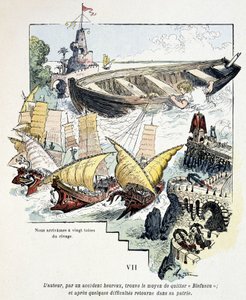 Gulliver und sein gigantisches Boot im Hafen der Lilliputaner (in „Gullivers Reisen“ von Jonathan Swift (1721), illustriert von Robida) von Albert Robida