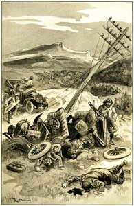 Illustration von Albert Robida (1848-1926) für Leon Berthaults Buch „Le record du tour du monde“, Mame-Ausgabe Anfang des 20. Jahrhunderts (1911) - ein Verkehrsunfall um 1900: Auto hat einen Telegrafenmast getroffen. Passagiere werden herausgeschleudert un
