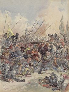 Der König in Pavia, vom Pferd gefallen, verletzt, kämpft gegen die angreifende Menge (Farblitho) von Albert Robida