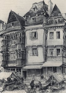 Marktplatz in Lannion - Altes Frankreich - Bretagne - Text, Zeichnungen und Lithographien von Albert Robida (1848-1926) undatiert Ende 19. Jahrhundert von Albert Robida