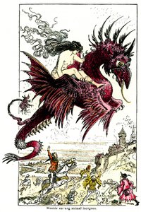 Succubus: weiblicher Dämon (Frau - weiblich) reitet auf einem Drachen - Illustration von Albert Robida für die Drolatischen Geschichten von Honoré de Balzac - Anfang des 20. Jahrhunderts