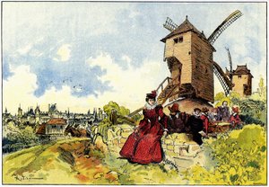 Die Windmühlen der Butte Montmartre in Paris im 16. Jahrhundert von Albert Robida
