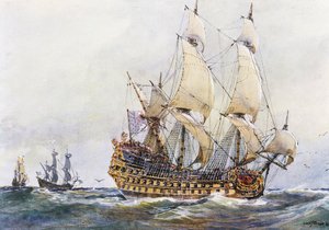 Erstrangiges französisches Schiff zur Zeit von Colbert (17. Jahrhundert), Aquarell von Albert Sebille