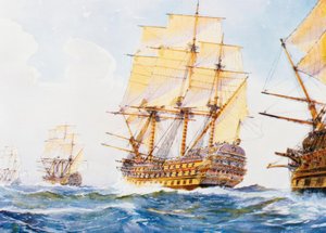 Schiffe aus dem 18. Jahrhundert im Gänsemarsch am Wind auf Steuerbordseite von Albert Sébille