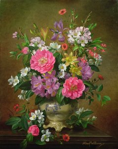 Blüten, Iris und Pfingstrosen in einer Keramikvase (A31) von Albert Williams