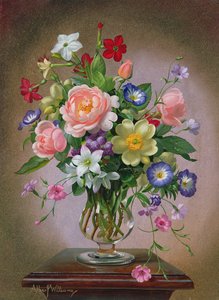 Rosen, Pfingstrosen und Freesien in einer Glasvase von Albert Williams