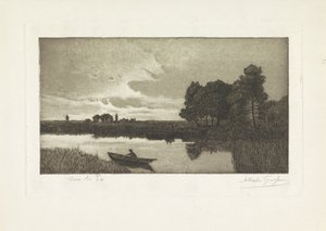 Landschaft mit Fischer in einem Boot auf dem Fluss Sur le Po