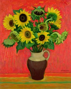 Sonnenblumen auf rotem Hintergrund