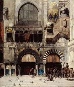 Tscherkessische Kavallerie wartet auf ihren Kommandanten vor einem byzantinischen Monument