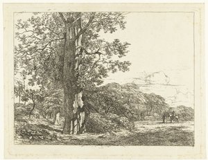 Landschaft mit großer Buche und Reiter im Gespräch mit einem Mann von Albertus Brondgeest