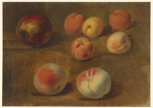 Stillleben mit Apfel, Pfirsichen und Aprikosen