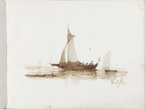 Segelschiff mit Figuren auf dem Wasser
