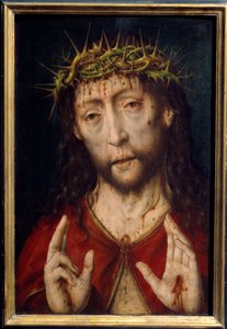 Christus der Schmerzen. Gesicht Christi mit blutigen Wunden durch die Dornenkrone und Stigmata in den Handflächen. Gemälde von Albrecht Bouts (ca. 1455-1549)
