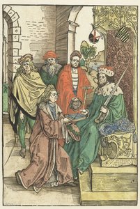 Conrad Celtis bietet Friedrich III. dem Weisen, Kurfürst von Sachsen, ein Buch mit dem Werk von Roswitha von Gandersheim an von Albrecht Dürer (attributed to)