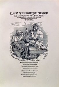 Ein römischer Soldat verspottet Christus, mit dem Namen des Künstlers in lateinischer Sprache oben und unten ein Gedicht, das den Menschen für seine Sünden tadelt, Titelblatt zur Serie Die Große Passion, veröffentlicht 1511