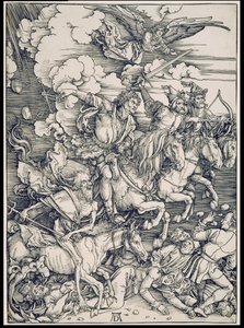 Die apokalyptischen Reiter, aus der Folge der Apokalypse, Einzeldruck vor dem Text von Albrecht Dürer