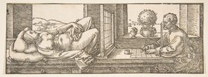 Zeichner macht eine perspektivische Zeichnung einer liegenden Frau, ca. 1600 von Albrecht Dürer