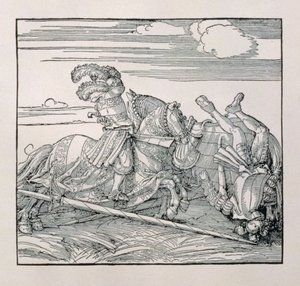 Kaiser Maximilian I. von Deutschland (1459-1519) stößt einen Gegner in einem Turnier vom Pferd, aus einem unveröffentlichten Buch, das die ritterlichen Taten des Kaisers verherrlicht, ca. 1515
