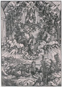 Johannes vor Gottvater und den Ältesten, II. Figur, Blatt 4 der Folge "Die Apokalypse" von Albrecht Dürer