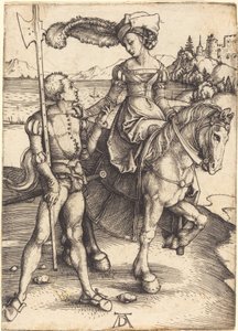 Dame zu Pferd und der Landsknecht