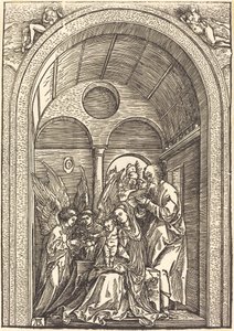 Die Heilige Familie mit zwei Engeln in einer gewölbten Halle von Albrecht Dürer