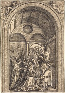 Die Heilige Familie mit zwei Engeln in einer gewölbten Halle von Albrecht Dürer