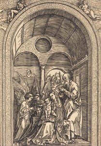 Die Heilige Familie mit zwei Engeln in einer gewölbten Halle, ca. 1504
