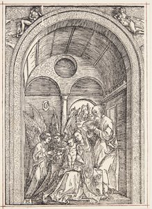 Die Heilige Familie mit zwei Engeln in einer gewölbten Halle von Albrecht Dürer