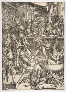 Das Martyrium des Heiligen Johannes, aus der Apokalypse, lateinische Ausgabe 1511, ca. 1496
