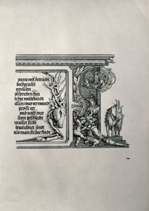 Der Triumphbogen von Kaiser Maximilian I. von Deutschland: Detail eines Hirschfells mit einer Inschrift, die die Familienverbindungen des Kaisers lobt, mit einem Schlappohr-Ziegenbock, Symbol für scharfes Gehör, 1517-18 von Albrecht Dürer