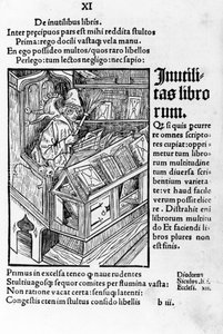 Gelehrter in seinem Büro. Er trägt eine Brille. Xylographie von Dürer, das Narrenschiff von Sebastiano Brandt