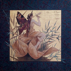 Komposition mit geflügelter Nymphe zwischen den Schilfrohren - Gemälde von Alexandre de Riquer i Ynglada (1856-1920)