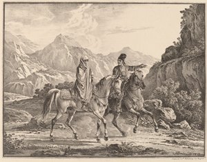 Mann und verschleierte Frau zu Pferd