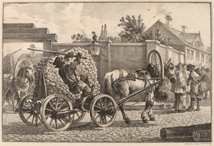 Russischer Träger, der Holz auf einem Wagen transportiert