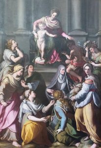 Madonna auf dem Thron mit Kind, umgeben von Heiligen und Figuren