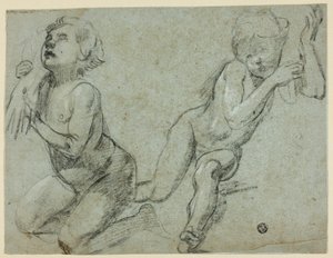 Skizzen von zwei Putti, einer hält die Hand des toten Christus (recto); Torso und Beine einer knienden Figur (verso)