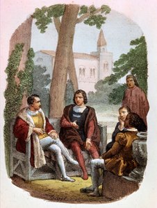 Fabrizio Colonna und Cosimo Rucellai diskutieren die Kunst des Krieges - in „Gesammelte Werke von Niccolò Machiavelli“, Illustration von Alessandro Focosi. „Die Kunst des Krieges“ von Niccolò di Bernardo dei Machiavelli