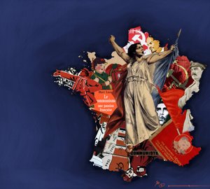 Eine Mariana vor einem Hintergrund aus kommunistischem Collage. Allegorie des Kommunismus in Frankreich. 2010 Farbdarstellung von Alessandro Lonati von Alessandro Lonati