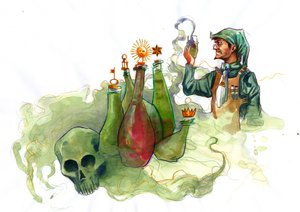 Ein Alchemist in seinem Labor, umgeben von Fläschchen und Destillierkolben, untersucht den Inhalt eines Fläschchens von Alessandro Lonati