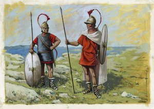Antikes Griechenland: Thureophoros-Söldner (3.-1. Jahrhundert v. Chr.) (rechts) und Thorakites (links) Zeichnung von Alessandro Lonati von Alessandro Lonati