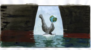 Ökologie und Klimaerwärmung: schmelzendes Eis, eine Robbe spielt mit dem Planeten auf ihrer Schnauze, ruht auf der letzten kleinen Spitze eines Eisbergs; um sie herum drohen die Rümpfe von Öltankern - Allegorie, die den Planeten im Gleichgewicht darstellt