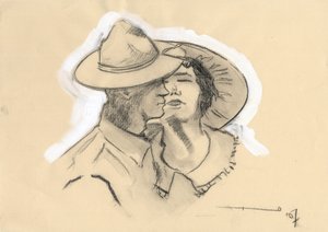 Erster Weltkrieg 1914-1918: GI der amerikanischen Armee verlässt seine Verlobte, um in die Schlacht zu ziehen. Zeichnung von Alessandro Lonati