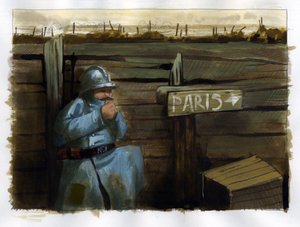 Erster Weltkrieg: ein französischer Soldat in der Nähe eines Schildes, das nach Paris weist