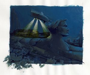 Illustration des Mythos der unter dem Meer versunkenen Insel Atlantis: Ein U-Boot erkundet den Meeresboden und entdeckt die Ruinen der legendären Insel Farbillustration von Alessandro Lonati