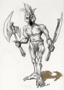 Legendäres Monster für Fantasy-Illustration: Trollkrieger mit Äxten. Zeichnung von Alessandro Lonati